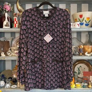 Vintage Y2K April Cornell black and purple floral button up long sleeve blouse